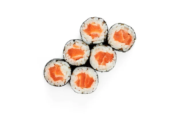 Maki Sushi Łososiem Klasyczna Japońska Kuchnia Dostawa Żywności Odizolowane Biało — Zdjęcie stockowe