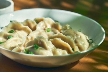 Klasik Çin hamuru, et ve baharatlı soya sosuyla birlikte beyaz tabakta. Çin mutfağı.