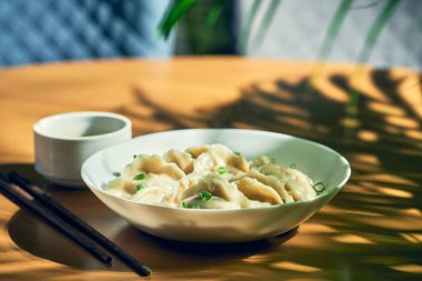 Klasik Çin hamuru, et ve baharatlı soya sosuyla birlikte beyaz tabakta. Çin mutfağı.