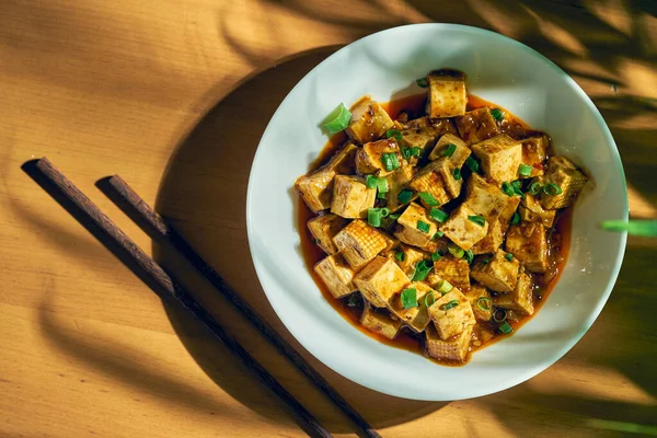 Fried Tofu Sweet Sour Sauce Sichuan Pepper Vegetables White Plate — Stock Photo, Image