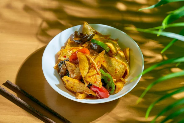 Fried Tofu Sweet Sour Sauce Sichuan Pepper Vegetables White Plate — Stock Photo, Image