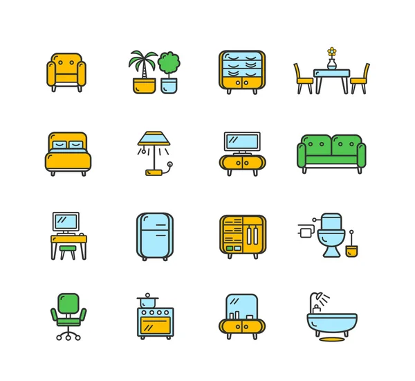 Ensemble d'icônes de meubles couleur. Vecteur — Image vectorielle