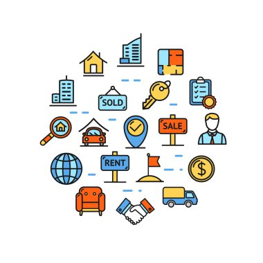 Emlak tasarım şablonu ince çizgi simgesi yuvarlak. Vektör