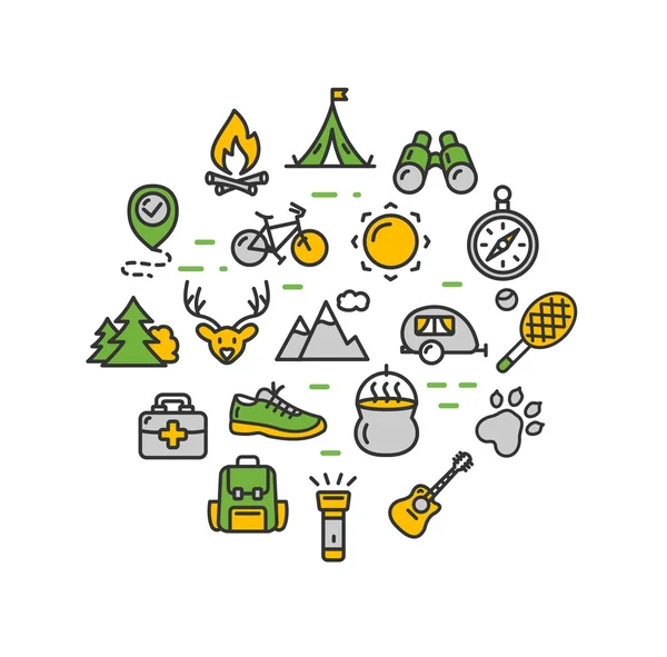 Campingtourismus Wandern rund Design-Vorlage dünne Linie Symbol. Vektor — Stockvektor