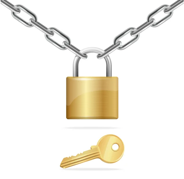 Golden Chain, Padlock and Key. Vector — Stock Vector