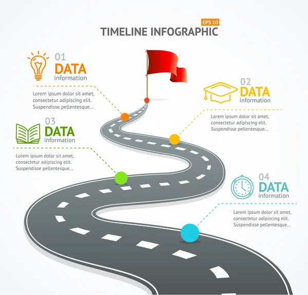 Linha do tempo do infográfico e estrada com ponteiro. Vetor —  Vetores de Stock