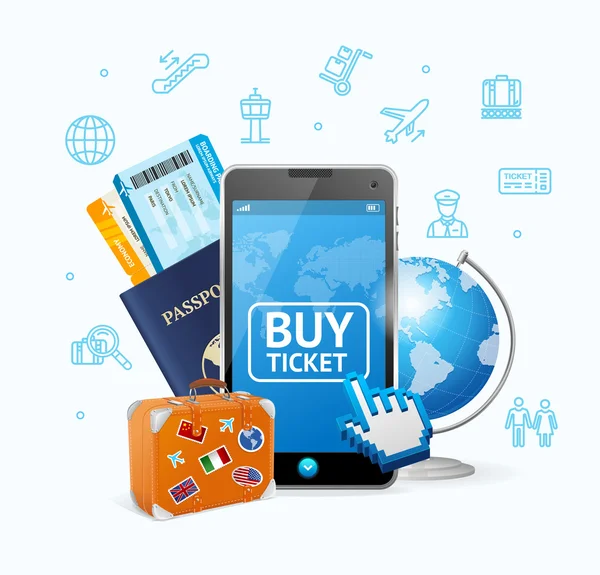 Online Ticket Airline with Mobile App. Vector — Stock Vector