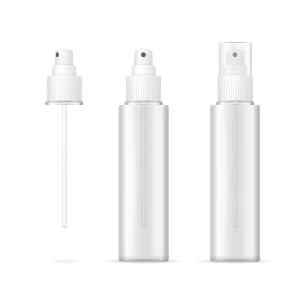 Átlátszó műanyag flakon Spray kozmetikai konténer. Vektor — Stock Vector