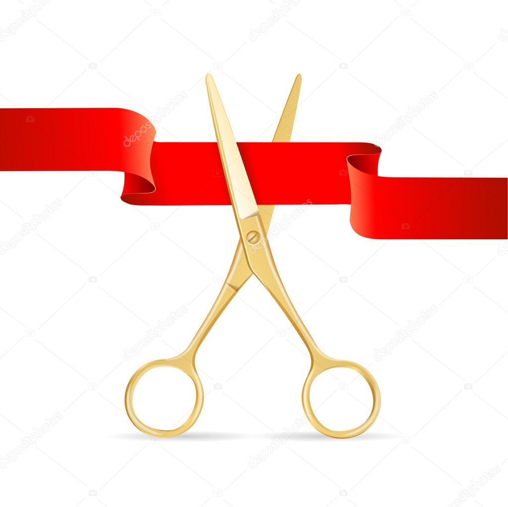 Golg Scissors Cut Red Ribbon. Vector
