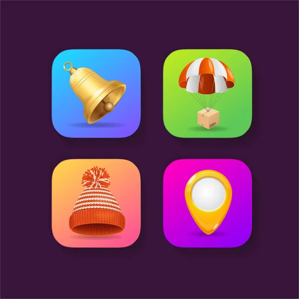 Realistico dettagliato 3d Mobile Application Icons Set. Vettore — Vettoriale Stock