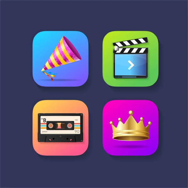 Realistico dettagliato 3d Mobile Application Icons Set. Vettore — Vettoriale Stock