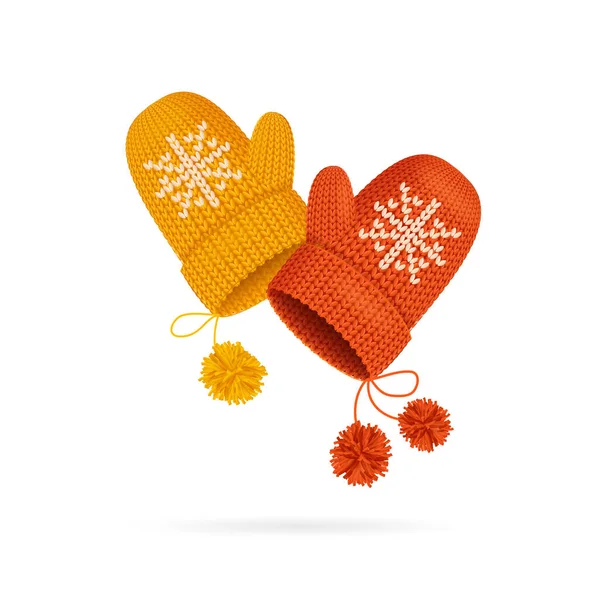 Realistic Detailed 3d Knitted Woolen Mittens Set. Vector —  Vetores de Stock