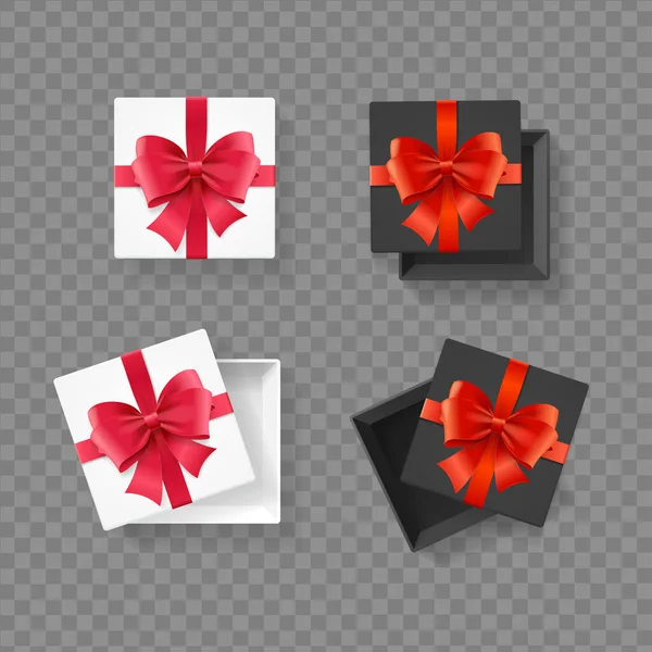 Realistic Detailed 3d Black and White Present Box with Red Bow Set. Vector — Vettoriale Stock