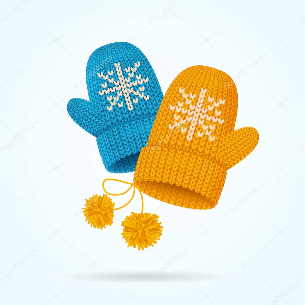 Realistic Detailed 3d Knitted Woolen Mittens Set. Vector