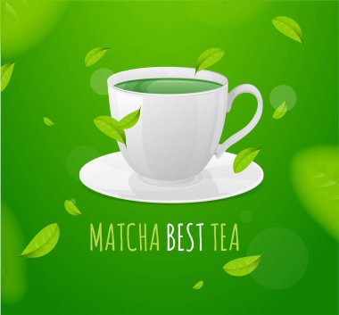Gerçekçi 3d Detaylı Matcha Kupası Elementler Yeşil Çay Yaprakları Konsept Afiş Kartı Arkaplanı ile. Vektör
