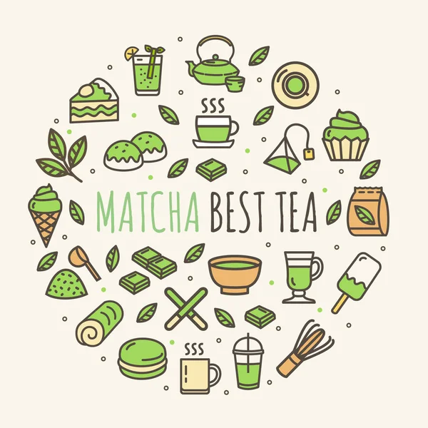 เทมเพลตการออกแบบรอบป้ายชา Matcha แบนเนอร์ไอคอนเส้นบาง เวกเตอร์ — ภาพเวกเตอร์สต็อก