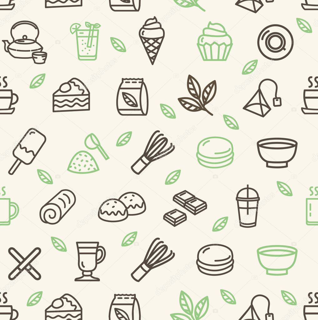 Matcha Tea Sign Seamless Pattern Background on a White. Vector