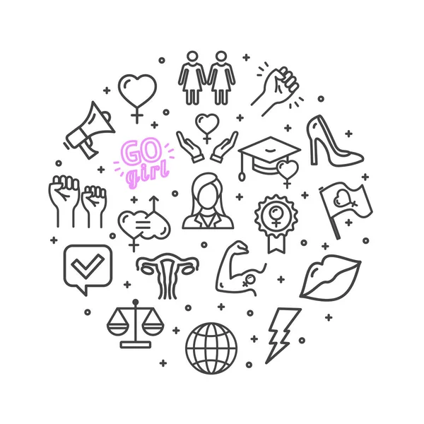 Girl Power Sign Round Design Template Thin Line Icon Banner. Vector — Stock Vector