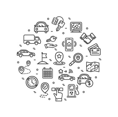 Araba Kiralama Tabelası Yuvarlak Tasarım Şablonu İnce Çizgili Simge Afişi. Vektör