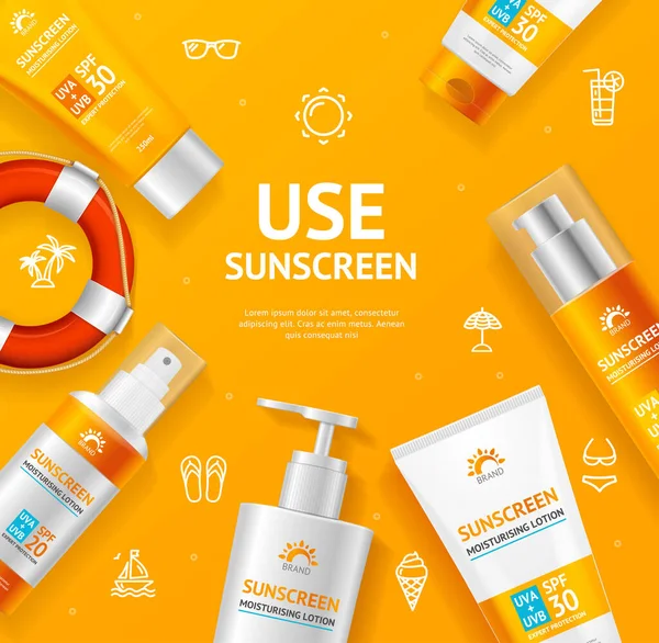 Sunscreen Concept Banner kártya realisztikus 3d részletes elemekkel. Vektor — Stock Vector