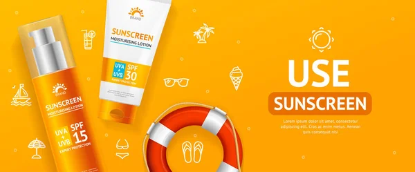 Sunscreen Concept Banner Horizontal com elementos 3D detalhados realista. Vetor — Vetor de Stock