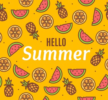 Renk İnce Çizgi Simgeleriyle Merhaba Yaz Kavram Kartı Arkaplanı. Vektör