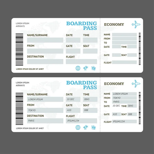 Realisztikus részletes 3d Air Tickets Template Set. Vektor — Stock Vector