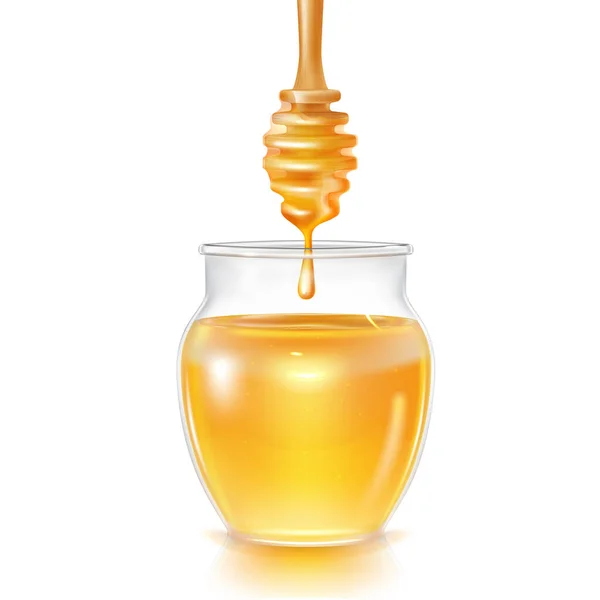 Realista detallado 3d transparente tarro de miel de vidrio y madera Dipper. Vector — Vector de stock