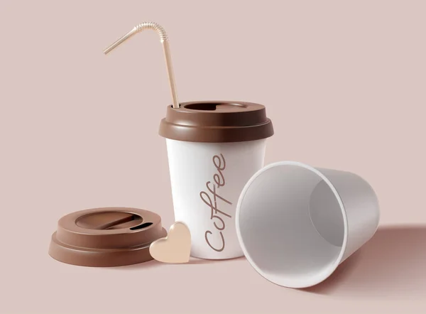 現実的な詳細3Dペーパーコーヒーカップセット.ベクトル — ストックベクタ