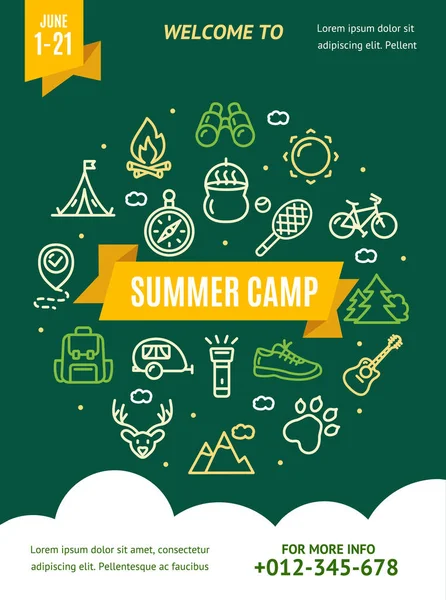 Summer Camp Konzept Banner Card mit Color Thin Line Icons. Vektor — Stockvektor