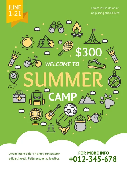 Summer Camp Konzept Banner Card mit Color Thin Line Icons. Vektor — Stockvektor