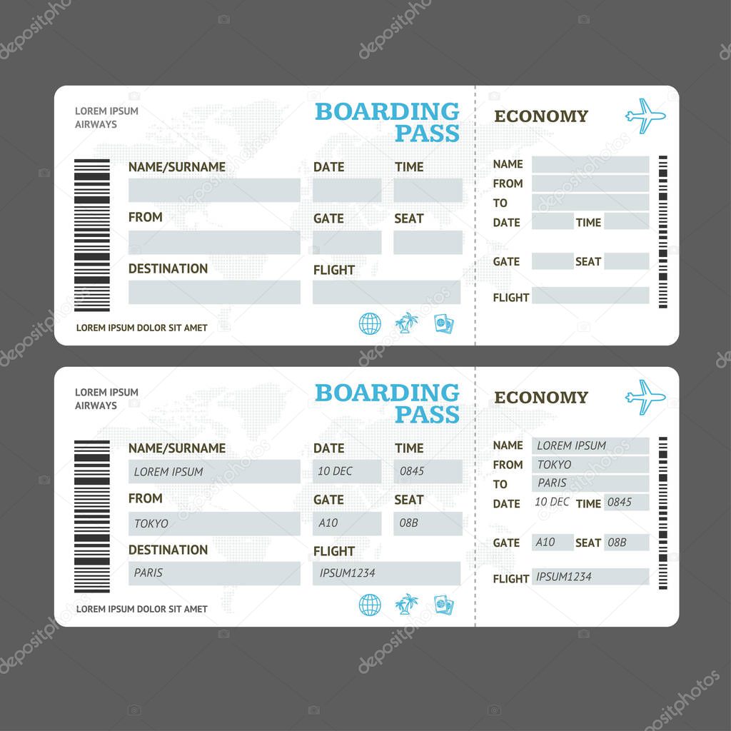 Realistic Detailed 3d Air Tickets Template Set. Vector