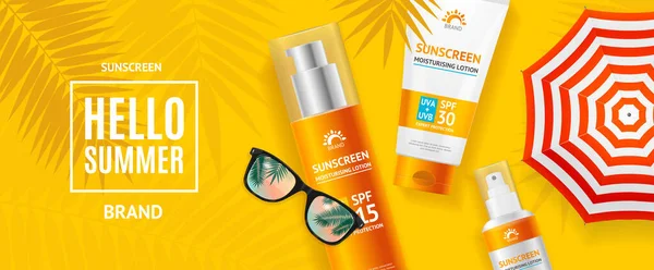 Hello Summer Concept Banner Horizontal with Realistic Detailed 3d Sunscreen ( 영어 ) 공식 웹 사이트. Vector — 스톡 벡터