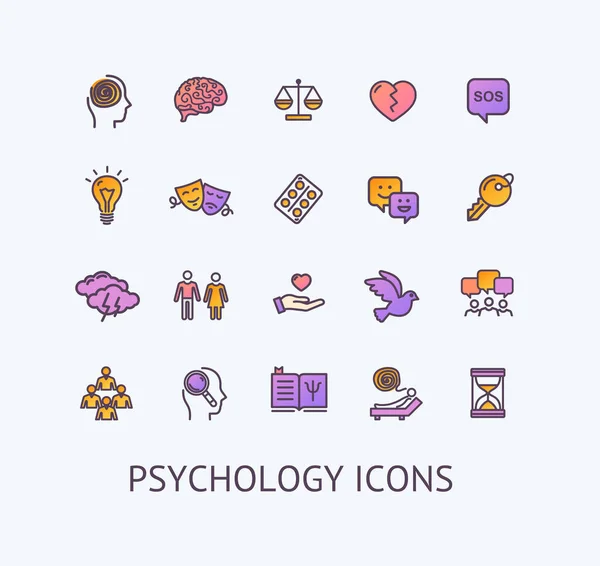Psychologia znak kolor cienka linia ikona zestaw. Wektor — Wektor stockowy
