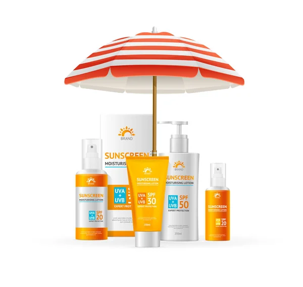 Realistyczny Szczegółowy 3d krem nawilżający do opalania Lotion Cream Set under Umbrella Concept. Wektor — Wektor stockowy