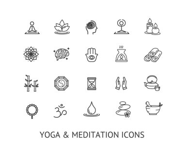 Yoga Meditasyon Gevşemesi İnce Çizgi Simgesi Ayarlandı. Vektör