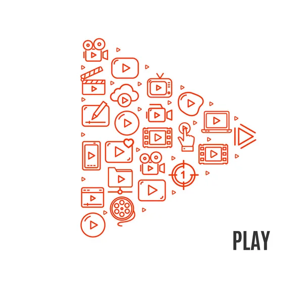 Video Play Sign Button Design Thin Line Icon Banner. Вектор — стоковый вектор