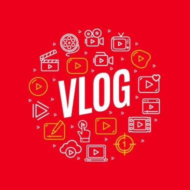 İnce Satır Simgeleri ile Vlog Video Yuvarlak Tasarım Konsepti. Vektör