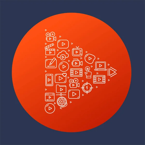 Speel Button Red Circle Design met dunne lijn pictogrammen. Vector — Stockvector