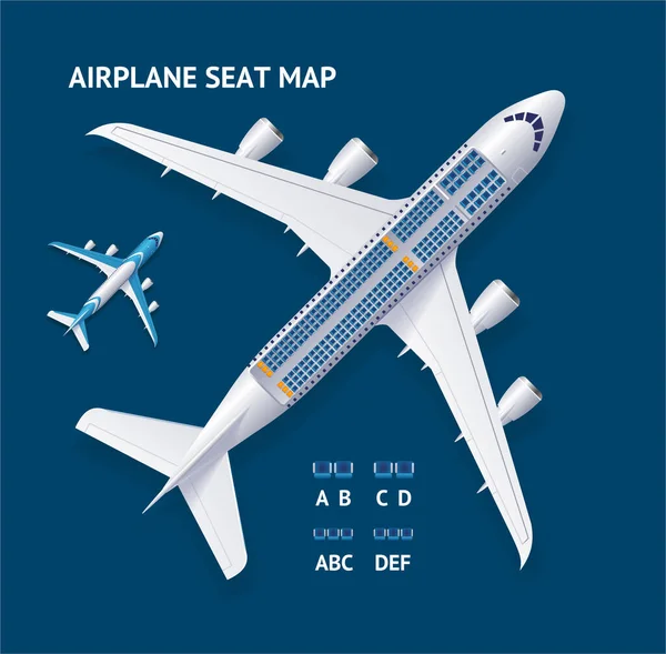Realistic 3d Detailed Airplane and Seat Map Concept Card. Vector — стоковый вектор