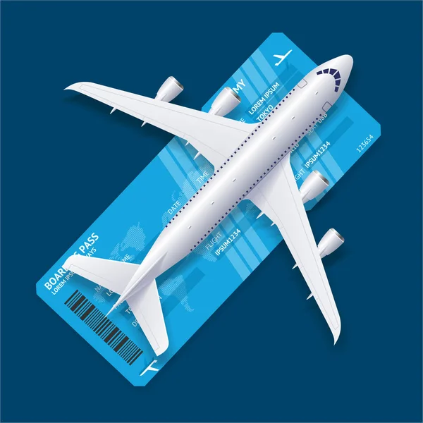 Realistic 3d Detailed Airplane over Ticket Travel Concept Card. Vector — Vector de stock