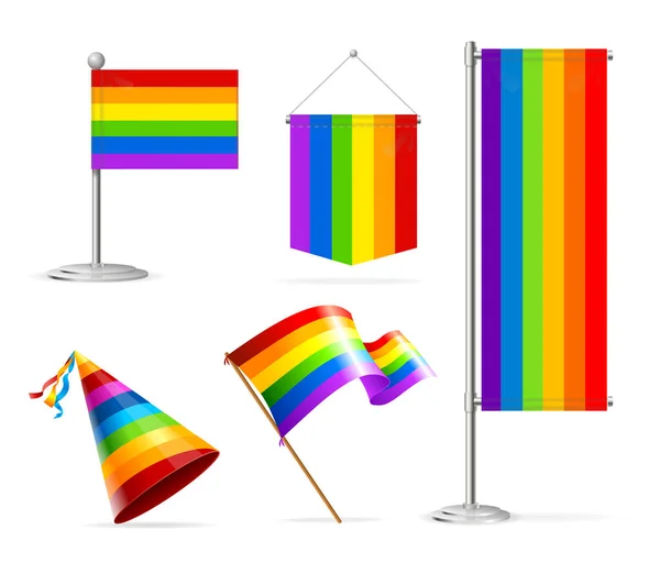 Realistico 3d dettagliato Lgbtq Rainbow Flag Banner Set. Vettore — Vettoriale Stock