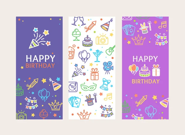 Happy Birthday Banner Poster Card Ad Vecrtical Set. Vector — Vector de stock