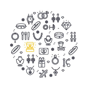 Mücevher Dükkanı Yuvarlak Tasarım Şablonu İnce Çizgili Simge Afişi. Vektör