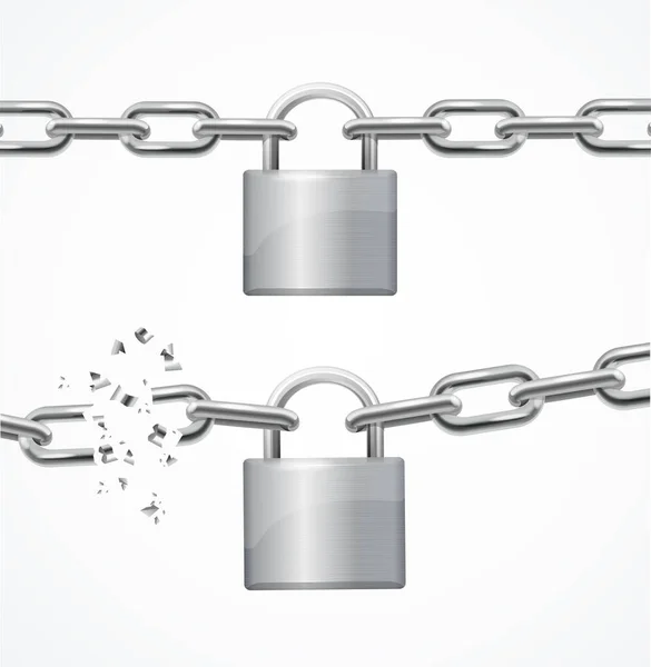 Realistic Detailed 3d Whole and Broken Chain and Lock Set. Vector — Vector de stock