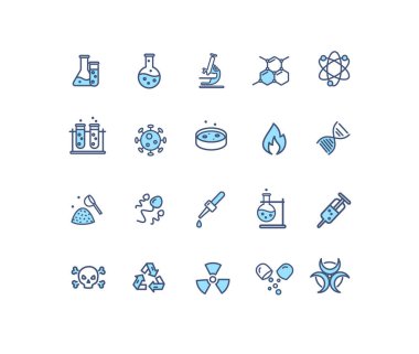 Kimya Laboratuvarı İşaret Rengi İnce Satır Simgesi Ayarlandı. Vektör