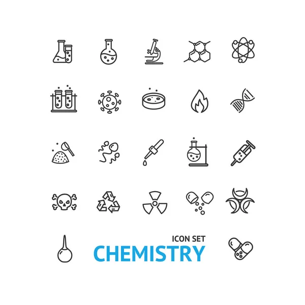 Señal de laboratorio de química Conjunto de iconos de línea delgada negra. Vector — Archivo Imágenes Vectoriales