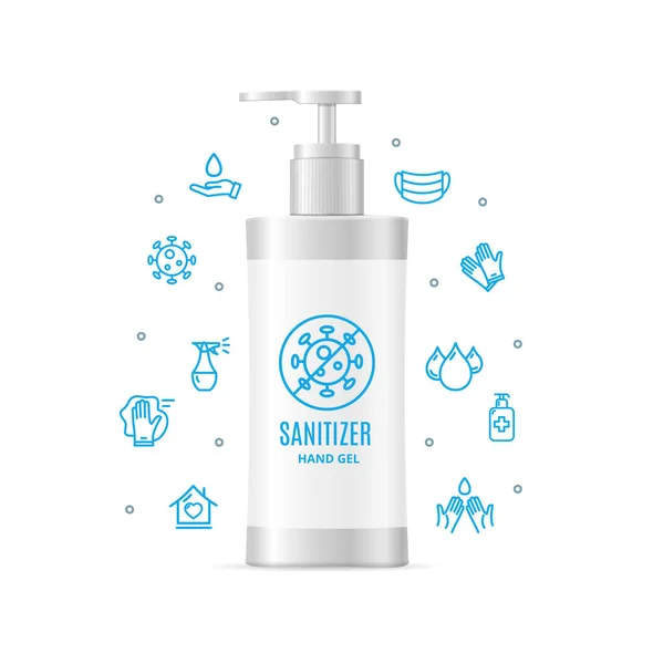 Virus Protection Concept con Realistico Dettagliato 3d Sanitizer Hand Gel. Vettore — Vettoriale Stock