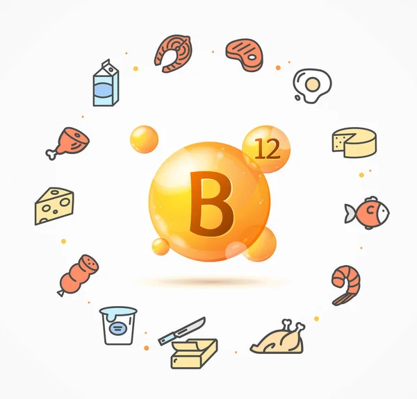 Realista detallada 3d vitamina B12 cápsula de oro píldora y delgada línea iconos. Vector — Vector de stock