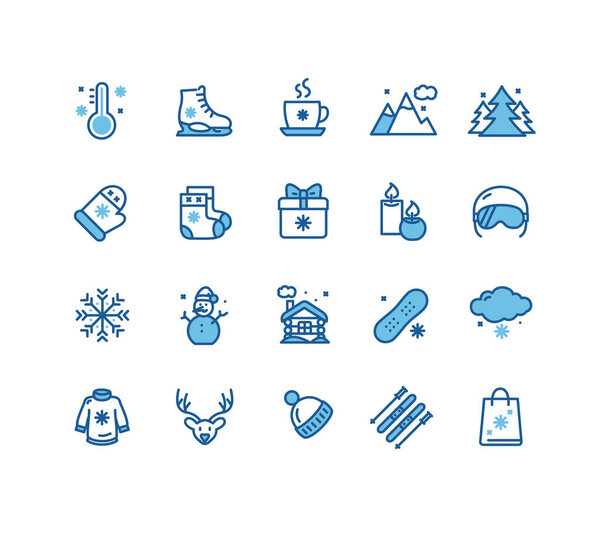 Зимний праздник Знак Синий Тонкий Линия Иконы Набор. Вектор